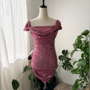 Bebe Pink Sequin Off-Shoulder Dress